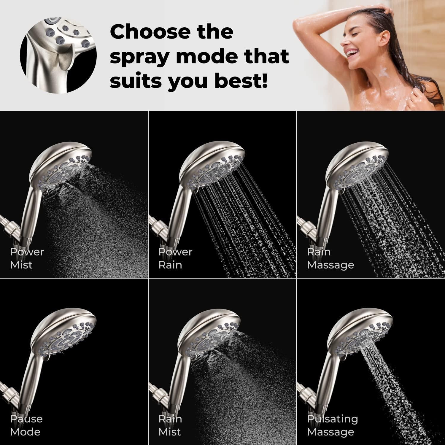 High Pressure 6 Settings Shower Head with Handheld   5'' Powerful