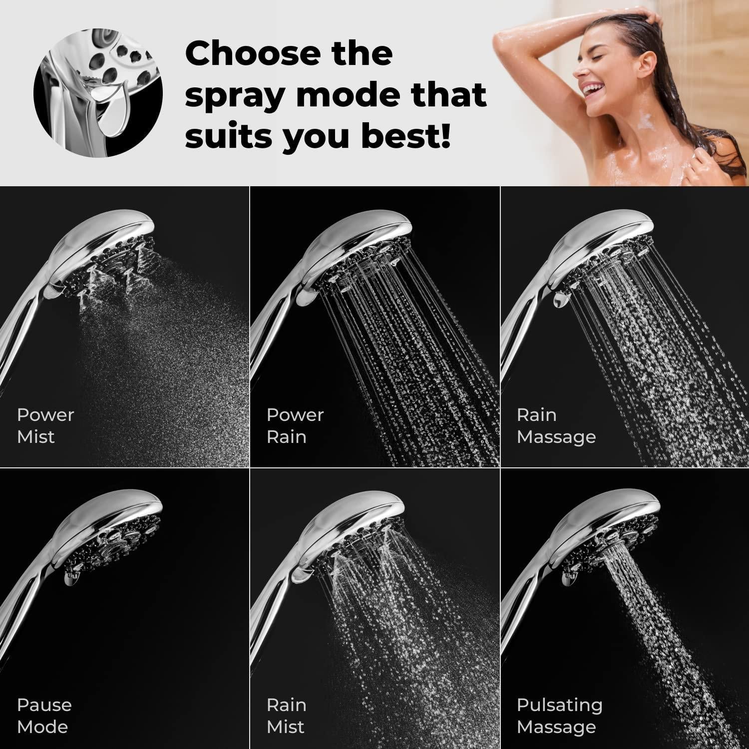 High Pressure 6 Settings Shower Head with Handheld   5'' Powerful